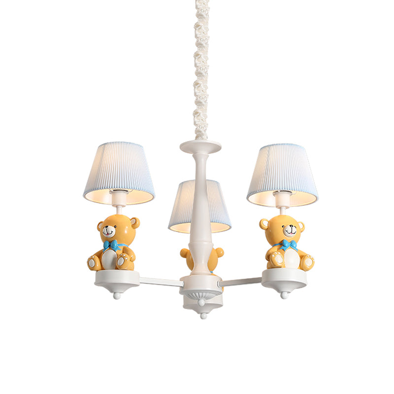 Pleated Fabric Tapered Chandelier Cartoon 3/5-Bulb White Hanging Lamp with Bear Decoration