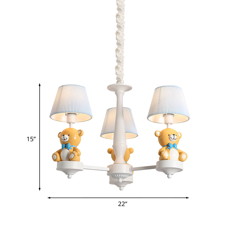 Pleated Fabric Tapered Chandelier Cartoon 3/5-Bulb White Hanging Lamp with Bear Decoration
