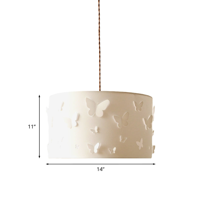 Minimaliste à 1 lumière Drop pendentif Pleen blanc Butfly Ombellifhed Drum suspendu lampe avec de l'ombre en tissu
