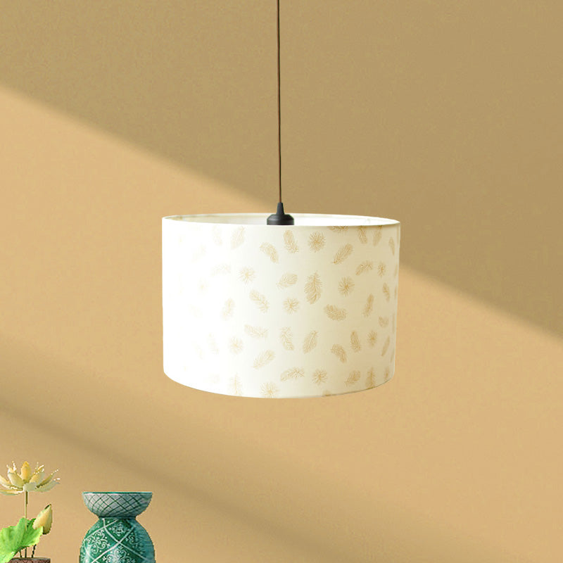 Print Fabric Drum Pendant Light Fixture Nordic 1-Light White Suspension Lighting with Feather/Bird/Tree Pattern