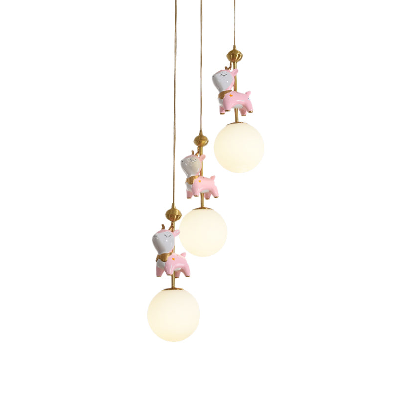 Cartoon Deer Cluster Ball Anhänger Creme Glas 3-Kopf-Kinderzimmer Hanging Deckenleuchte in Pink
