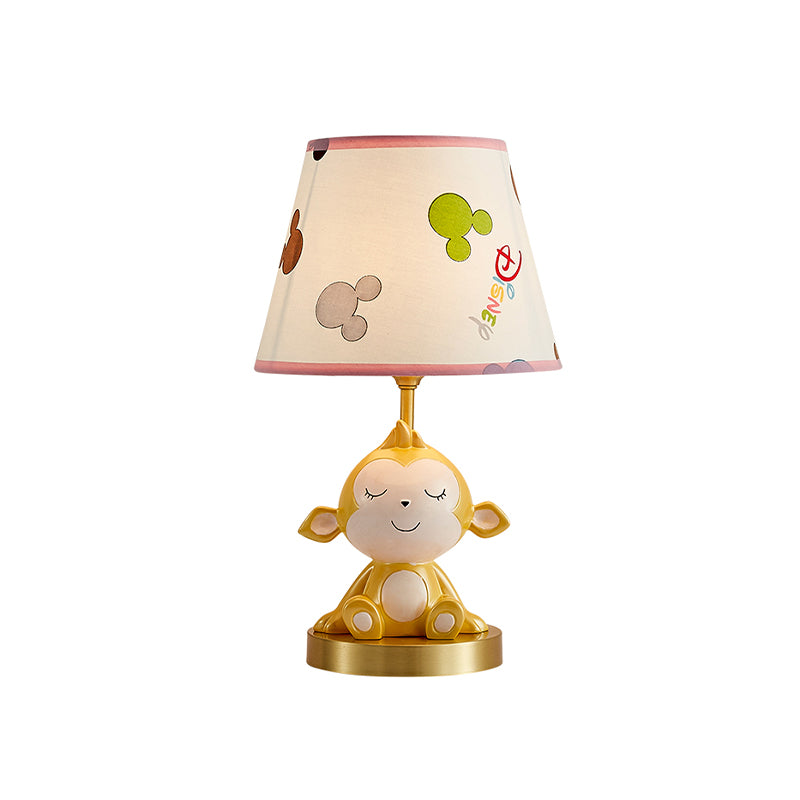 Cone Printed Fabric Nightstand Light Cartoon 1 Head White Table Lamp with Gold Monkey Base