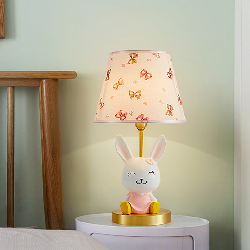 Cartoon Rabbit Night Stand Light Resin Single Bedroom Table Lamp with Tapered Fabric Shade in Pink and White