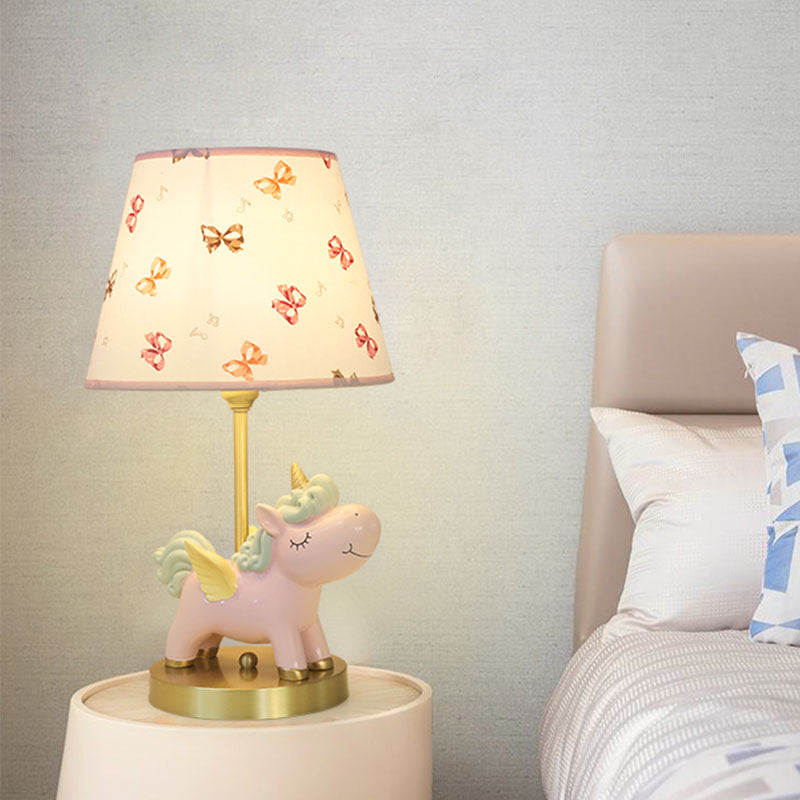 Resin Flying Horse Table Lamp Kids 1 Head Nightstand Light in Pink/Blue with Printed Fabric Shade