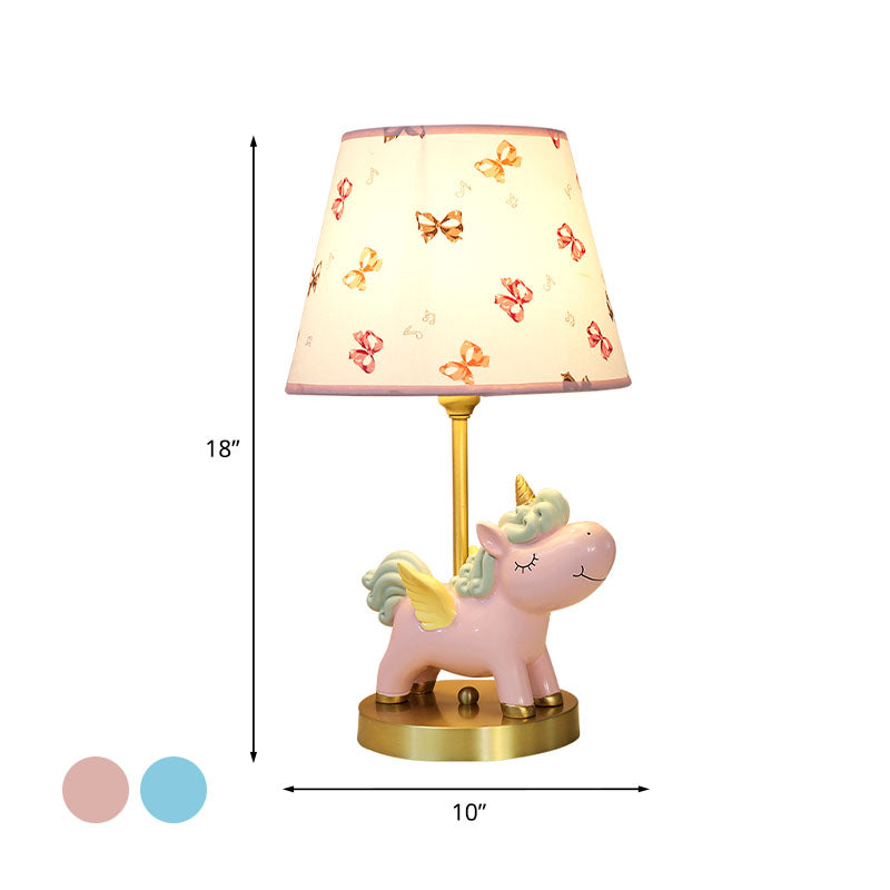 Resin Flying Horse Table Lamp Kids 1 Head Nightstand Light in Pink/Blue with Printed Fabric Shade