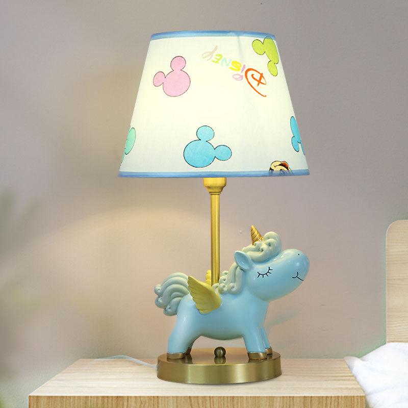 Resin Flying Horse Table Lamp Kids 1 Head Nightstand Light in Pink/Blue with Printed Fabric Shade