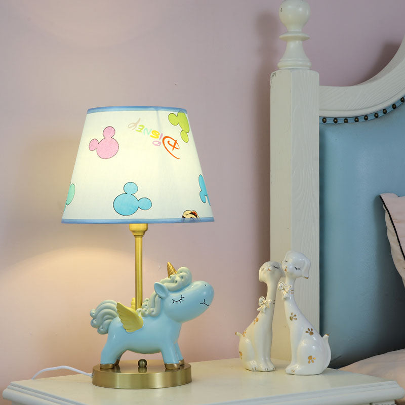 Resin Flying Horse Table Lamp Kids 1 Head Nightstand Light in Pink/Blue with Printed Fabric Shade