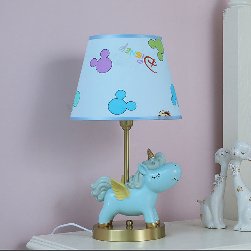 Resin Flying Horse Table Lamp Kids 1 Head Nightstand Light in Pink/Blue with Printed Fabric Shade