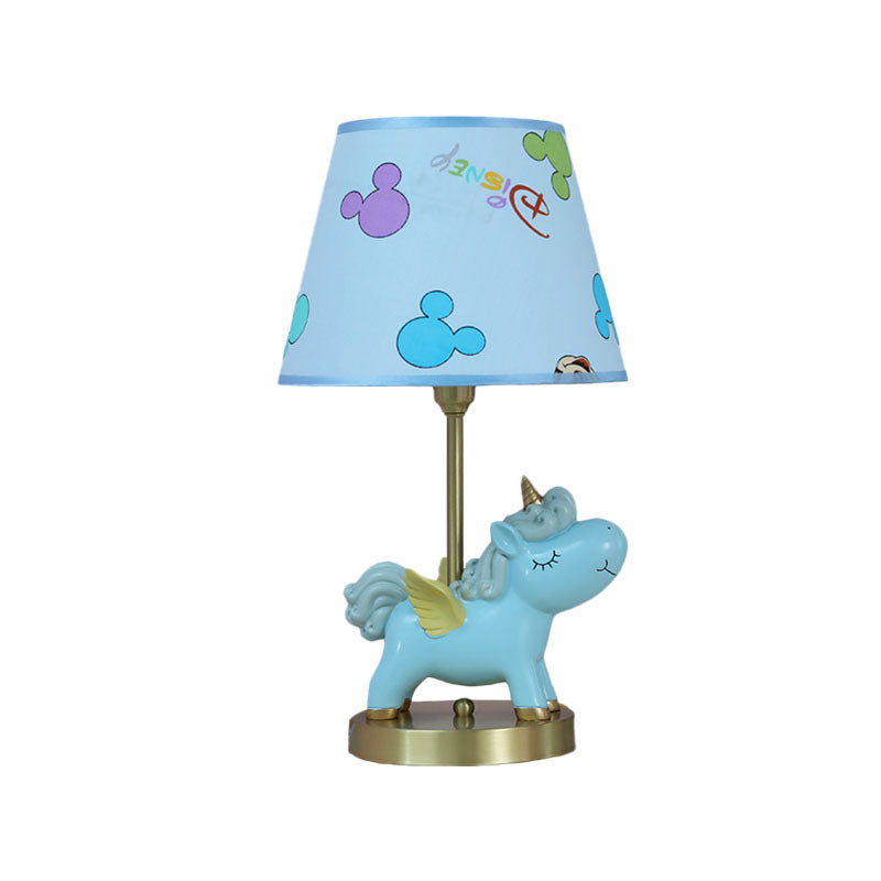 Resin Flying Horse Table Lamp Kids 1 Head Nightstand Light in Pink/Blue with Printed Fabric Shade