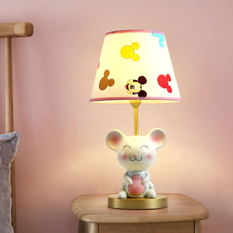 Kids Smiling Mouse Night Lamp Resin 1 Bulb Child Room Table Light with Fabric Shade in Pink/Blue