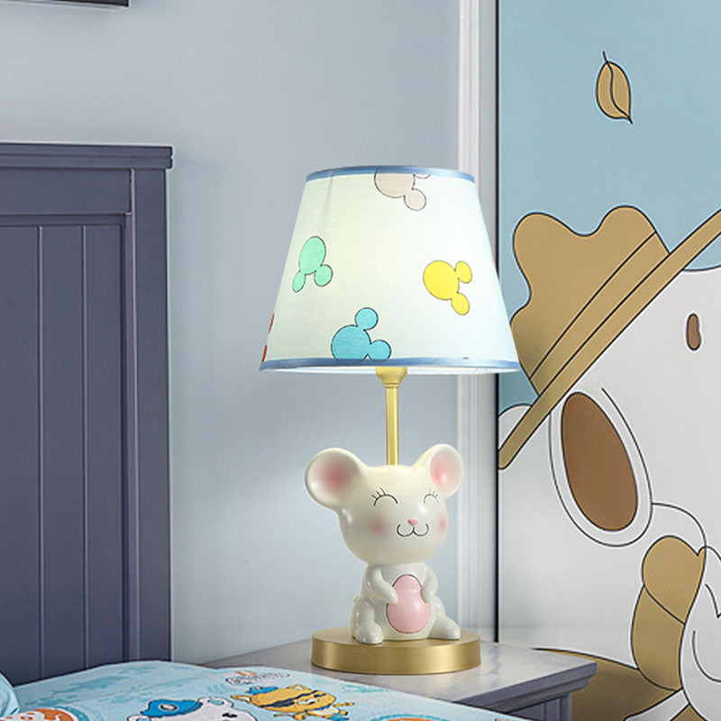 Kids Smiling Mouse Night Lamp Resin 1 Bulb Child Room Table Light with Fabric Shade in Pink/Blue