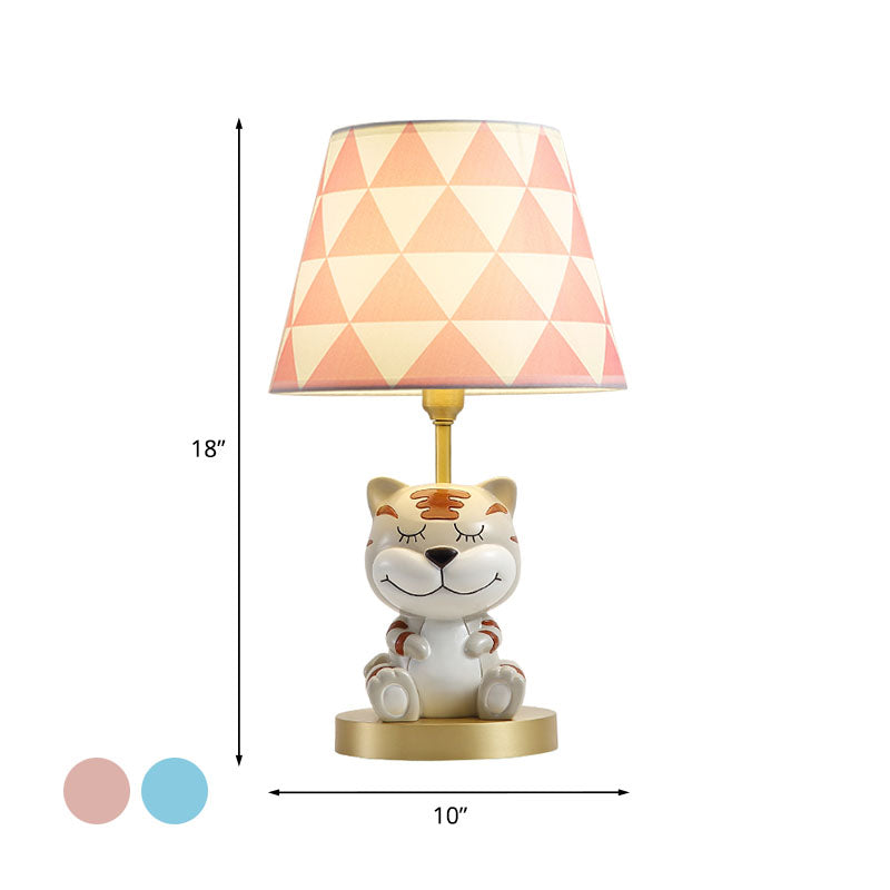 Conical Triangle-Print Fabric Table Light Kids Single Bulb Pink/Blue Night Stand Lamp with Resin Tiger Base