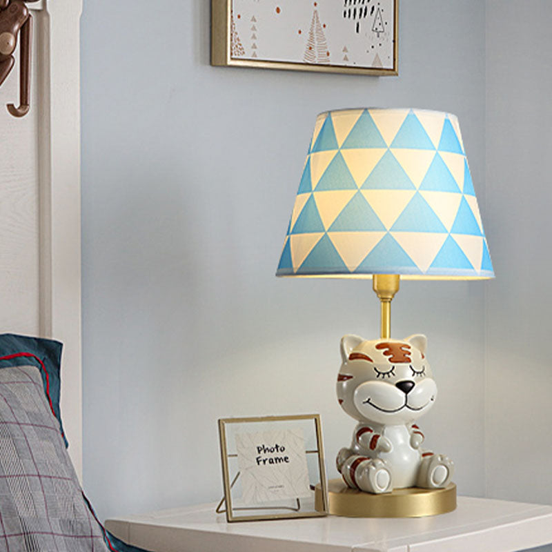 Conical Triangle-Print Fabric Table Light Kids Single Bulb Pink/Blue Night Stand Lamp with Resin Tiger Base