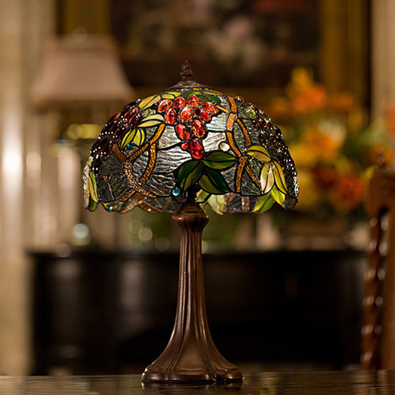 Coffee Half-Globe Table Lamp Tiffany Style 1-Light Stained Glass Nightstand Light with Fruit Pattern