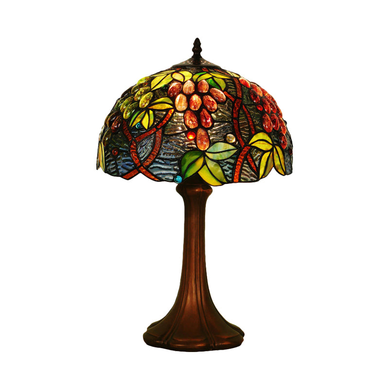 Coffee Half-Globe Table Lamp Tiffany Style 1-Light Stained Glass Nightstand Light with Fruit Pattern