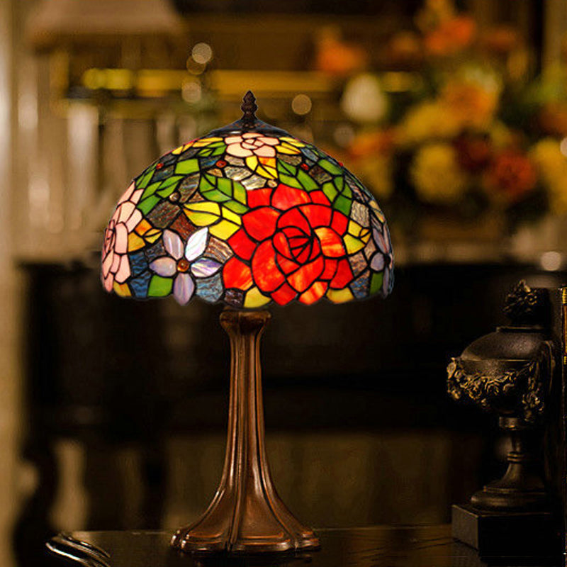 Hand-Cut Stained Glass Rose Table Light Victorian 1 Head Bronze Night Stand Lamp