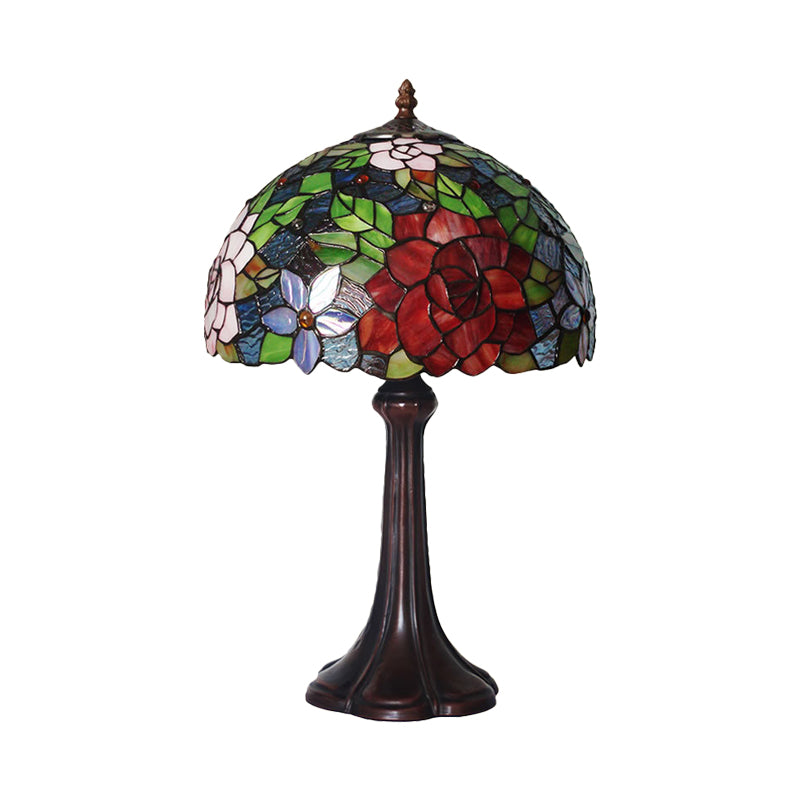 Hand-Cut Stained Glass Rose Table Light Victorian 1 Head Bronze Night Stand Lamp