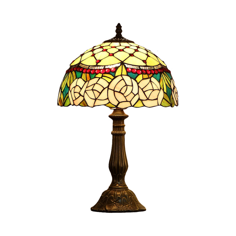 Single Living Room Nightstand Lamp Baroque Bronze Table Light with Beaded Roseborder Stained Glass Shade
