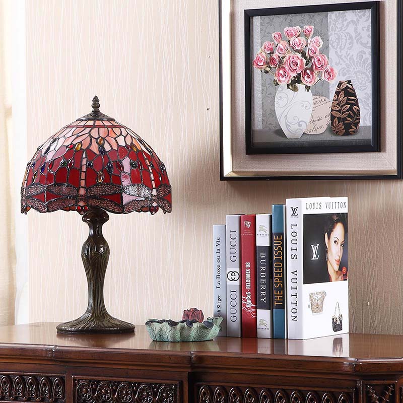 Dragonfly Table Lighting 1-Light Stained Glass Tiffany Style Night Stand Lamp in Dark Brown