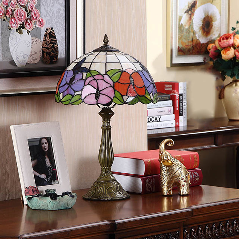 1 Bulb Grid-Bowl Table Light Tiffany Bronze Stained Glass Night Lamp with Butterfly and Flower Pattern