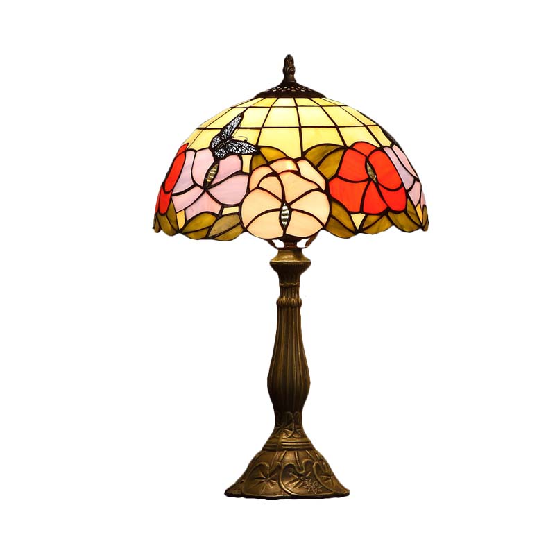 1 Bulb Grid-Bowl Table Light Tiffany Bronze Stained Glass Night Lamp with Butterfly and Flower Pattern