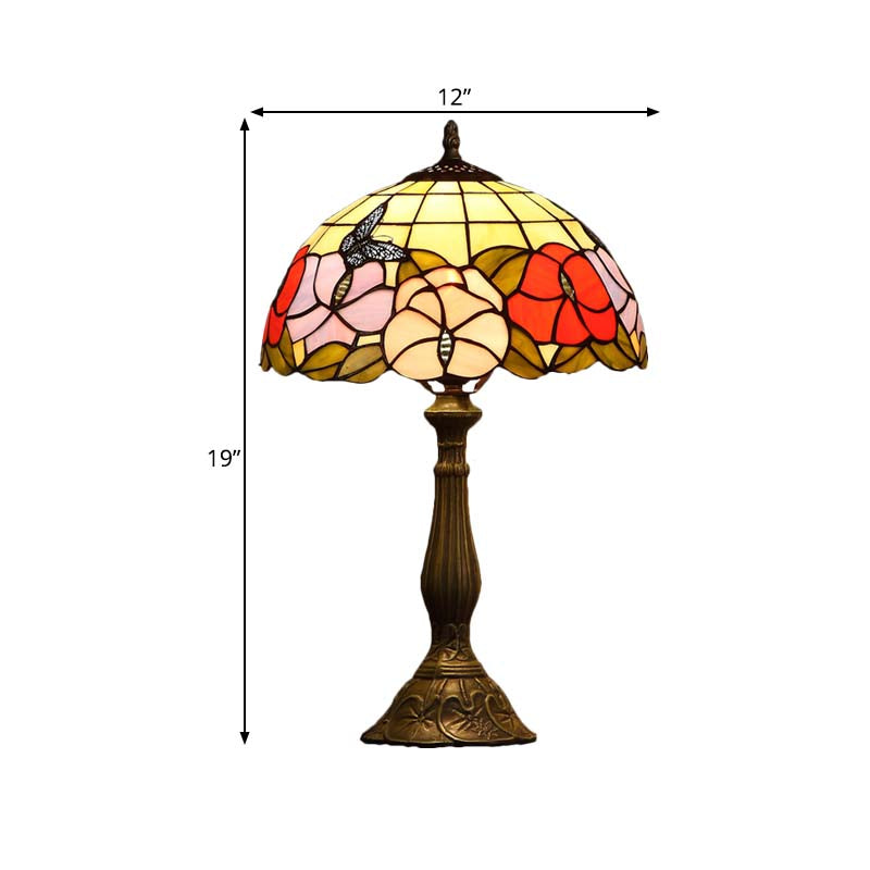 1 Bulb Grid-Bowl Table Light Tiffany Bronze Stained Glass Night Lamp with Butterfly and Flower Pattern
