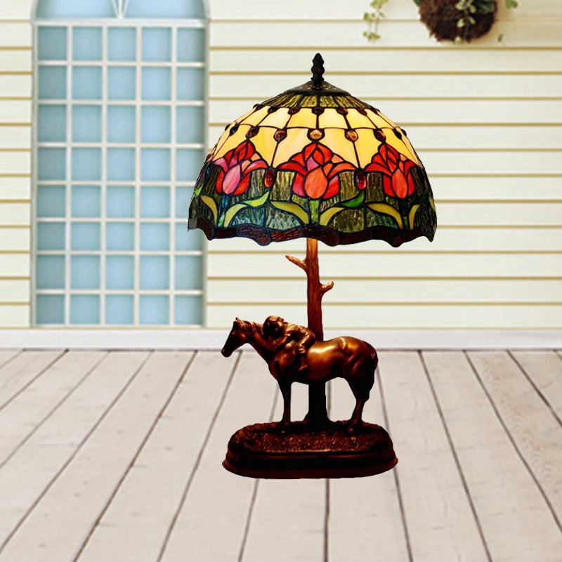 Stained Glass Flowering Bud Night Lamp Tiffany 1-Light Coffee Table Lighting with Kid's Horse Ride Statue