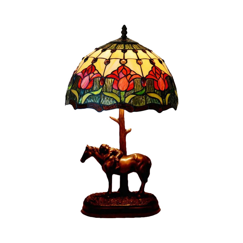 Stained Glass Flowering Bud Night Lamp Tiffany 1-Light Coffee Table Lighting with Kid's Horse Ride Statue