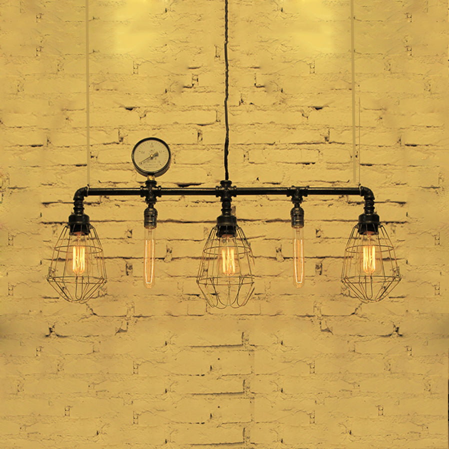 Metal Piping Island Ceiling Light with Wire Guard and Gauge Industrial 5 Bulbs Dining Room Pendant Lighting in Black