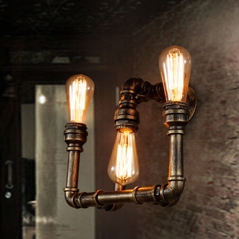 Industrial Exposed Sconce Light with Pipe Design 3 Heads Wrought Iron Wall Lamp in Aged Brass for Hallway