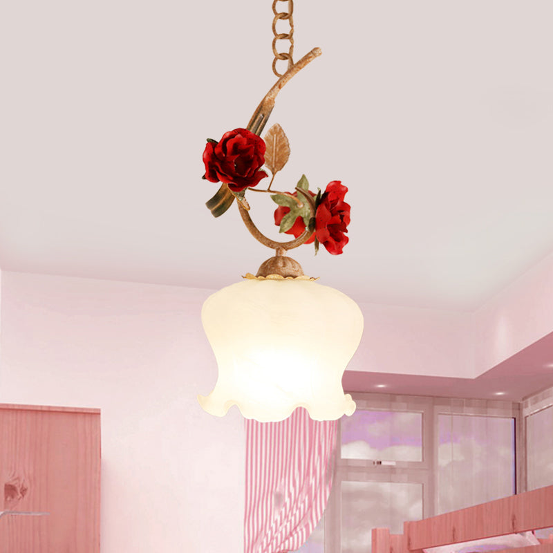 1 Bulb Down Lighting Pendant American Flower Lettuce-Edge Frosted Glass Suspension Lamp in Red