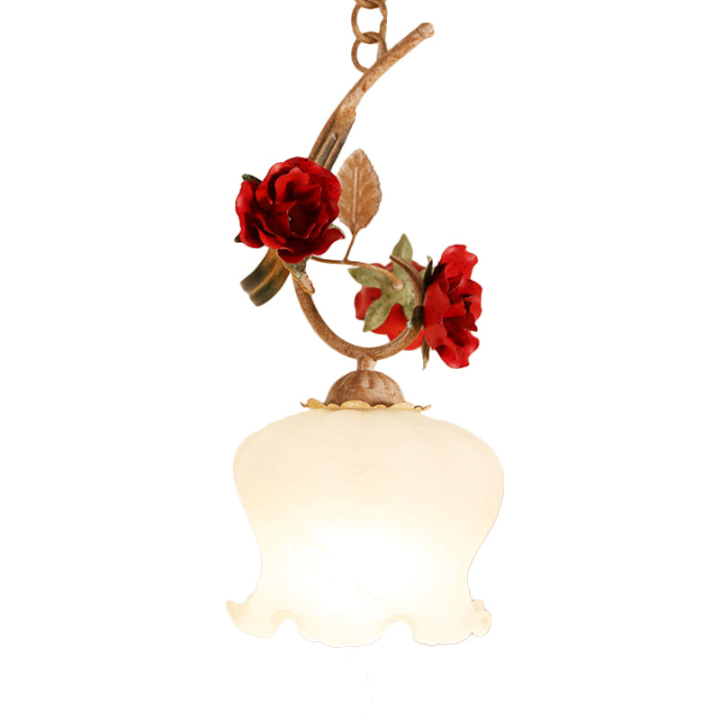 1 Bulb Down Lighting Pendant American Flower Lettuce-Edge Frosted Glass Suspension Lamp in Red