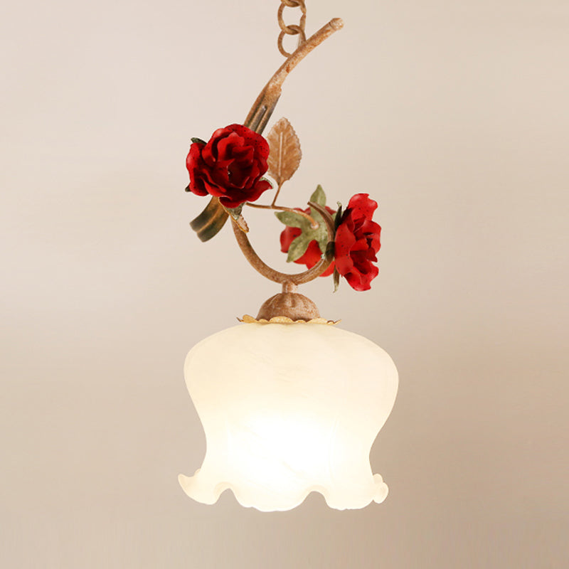 1 Bulb Down Lighting Pendant American Flower Lettuce-Edge Frosted Glass Suspension Lamp in Red