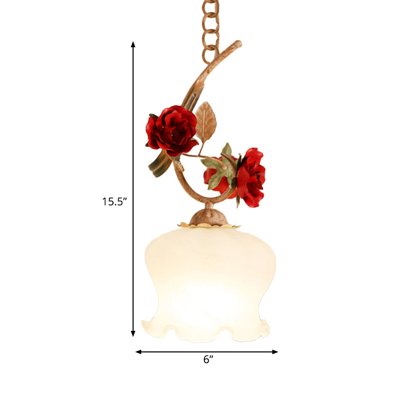 1 Bulb Down Lighting Pendant American Flower Lettuce-Edge Frosted Glass Suspension Lamp in Red