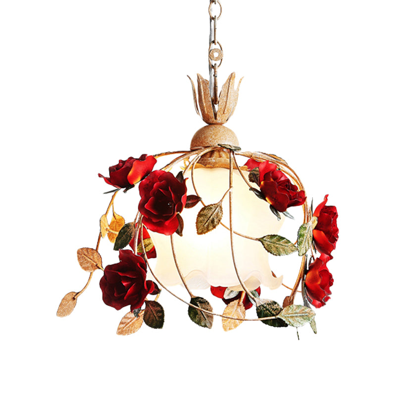 1 Head Frosted White Glass Drop Pendant Countryside Red Flowering Dining Table Hanging Light Kit