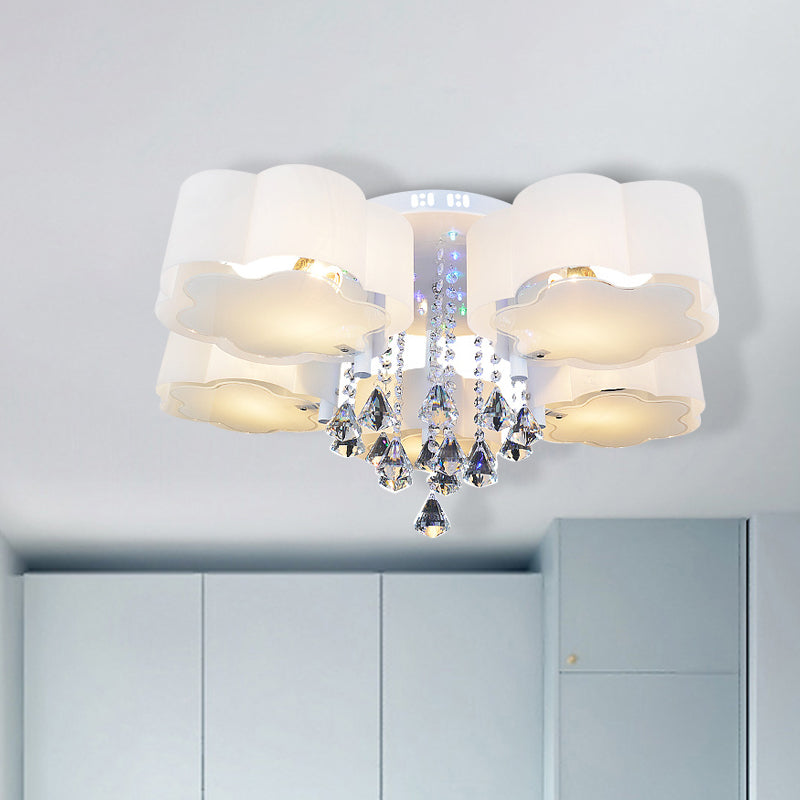 Contemporary Bloom Flush Mount Lamp 3/5 Heads White Glass Flush Light with Crystal Draping
