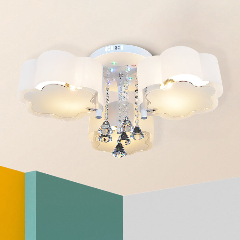 Contemporary Bloom Flush Mount Lamp 3/5 Heads White Glass Flush Light with Crystal Draping