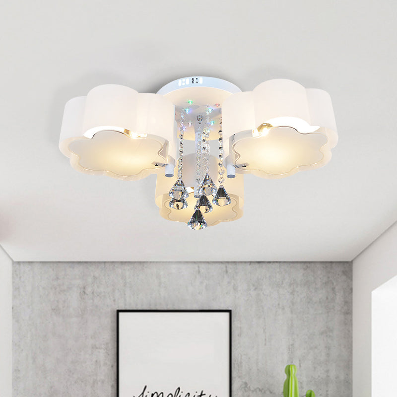 Contemporary Bloom Flush Mount Lamp 3/5 Heads White Glass Flush Light with Crystal Draping