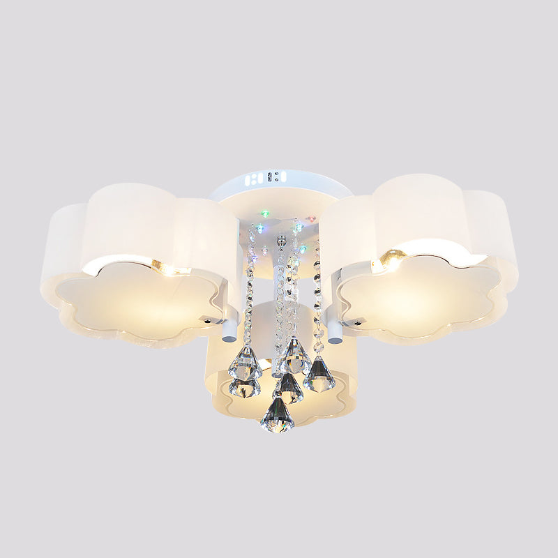 Contemporary Bloom Flush Mount Lamp 3/5 Heads White Glass Flush Light with Crystal Draping