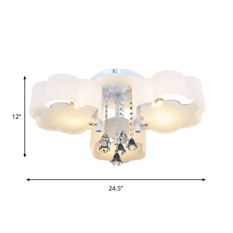 Contemporary Bloom Flush Mount Lamp 3/5 Heads White Glass Flush Light with Crystal Draping