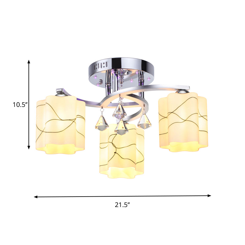 Chrome 3/5 Bulbes Plafond Flush Simple Grosted Glass Scalloped Semi Flush Mount avec chute de cristal