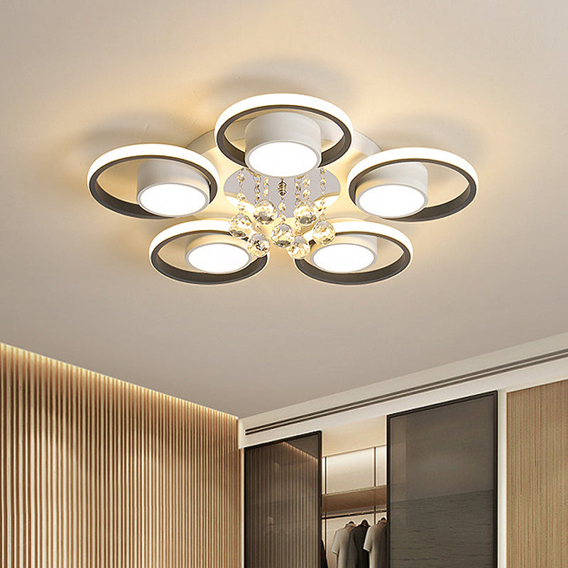 Crystal Ball Circle Ceiling Lamp Modern 3/5 Lights Bedroom Flush Mount in Black and White