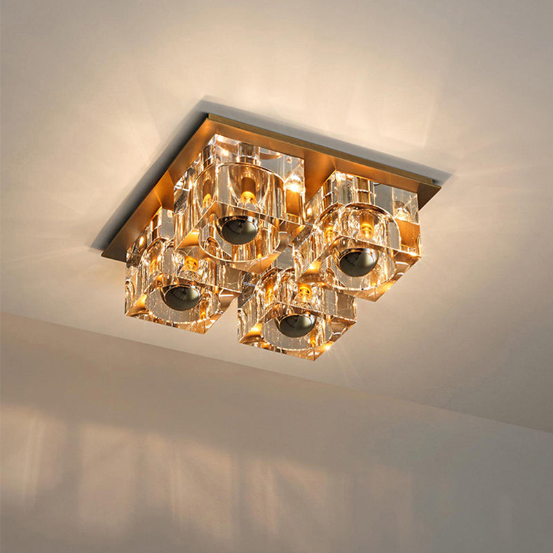 Plafoniera per camera da letto a 4 teste con blocco di cristallo minimalista con illuminazione quadrata in ottone da incasso