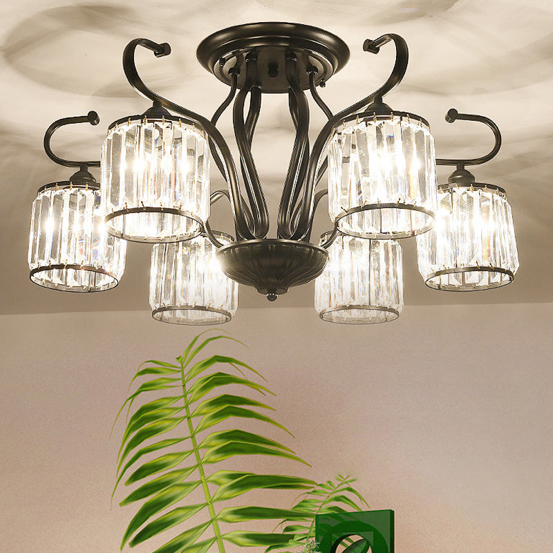 Iluminación de semi monte de cristal cilíndrico 3/6 luces de la sala de estar luz de techo en negro