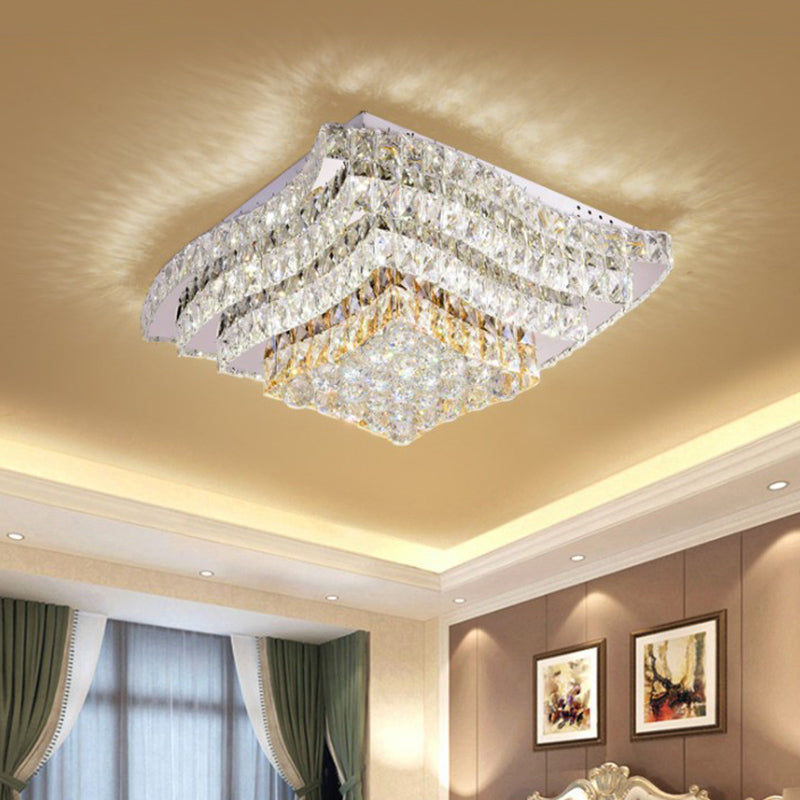 Simplicity Tiered Square Ceiling Lamp Beveled Crystal Flush Mount Light Fixture in Chrome