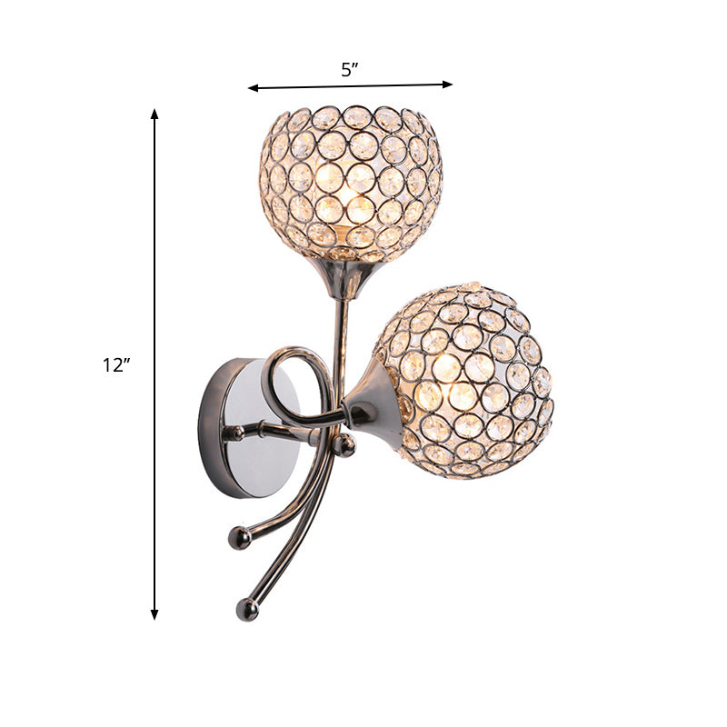 Modern Dome Sconce Light Fixture 2 Heads Inserted Crystal Wall Mounted Lighting in Silver
