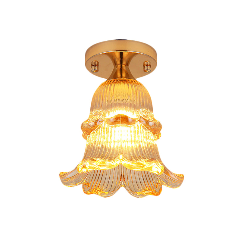 Flower Corridor Flush Mount Light Simple Amber Crystal 1 Bulb Gold Ceiling Mounted Fixture