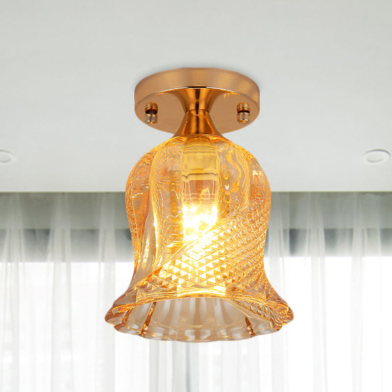 Flower Corridor Flush Mount Light Simple Amber Crystal 1 Bulb Gold Ceiling Mounted Fixture