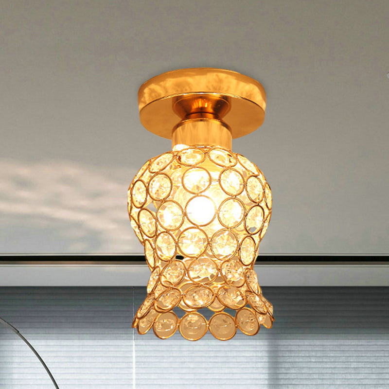 Beveled Crystal Floral Flush Mount Simplicity 1-Head Balcony Close to Ceiling Lighting Fixture in Gold