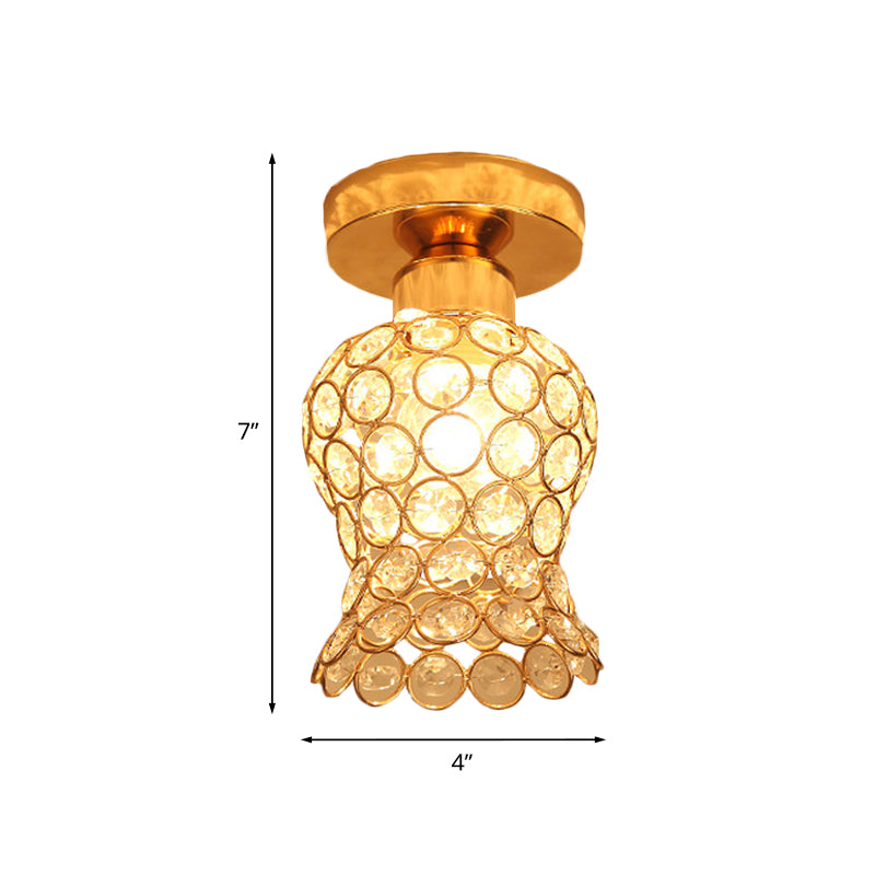 Beveled Crystal Floral Flush Mount Simplicity 1-Head Balcony Close to Ceiling Lighting Fixture in Gold